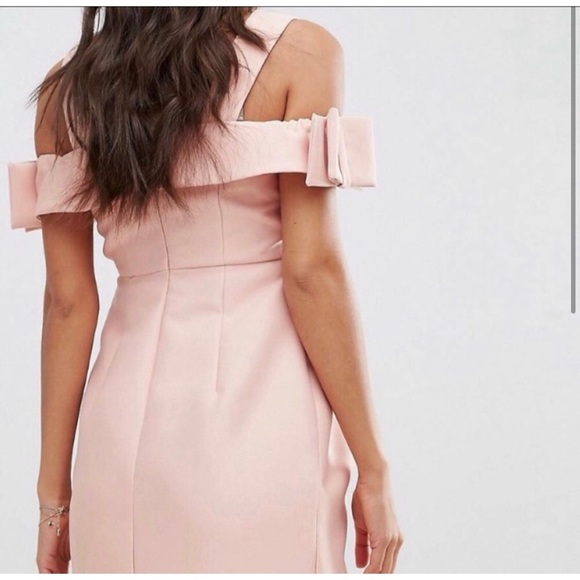 Asos Maternity Blush Pink Off Shoulder Bardot Dress w/ Bow Detail on the Sleeve - Picture 3 of 13